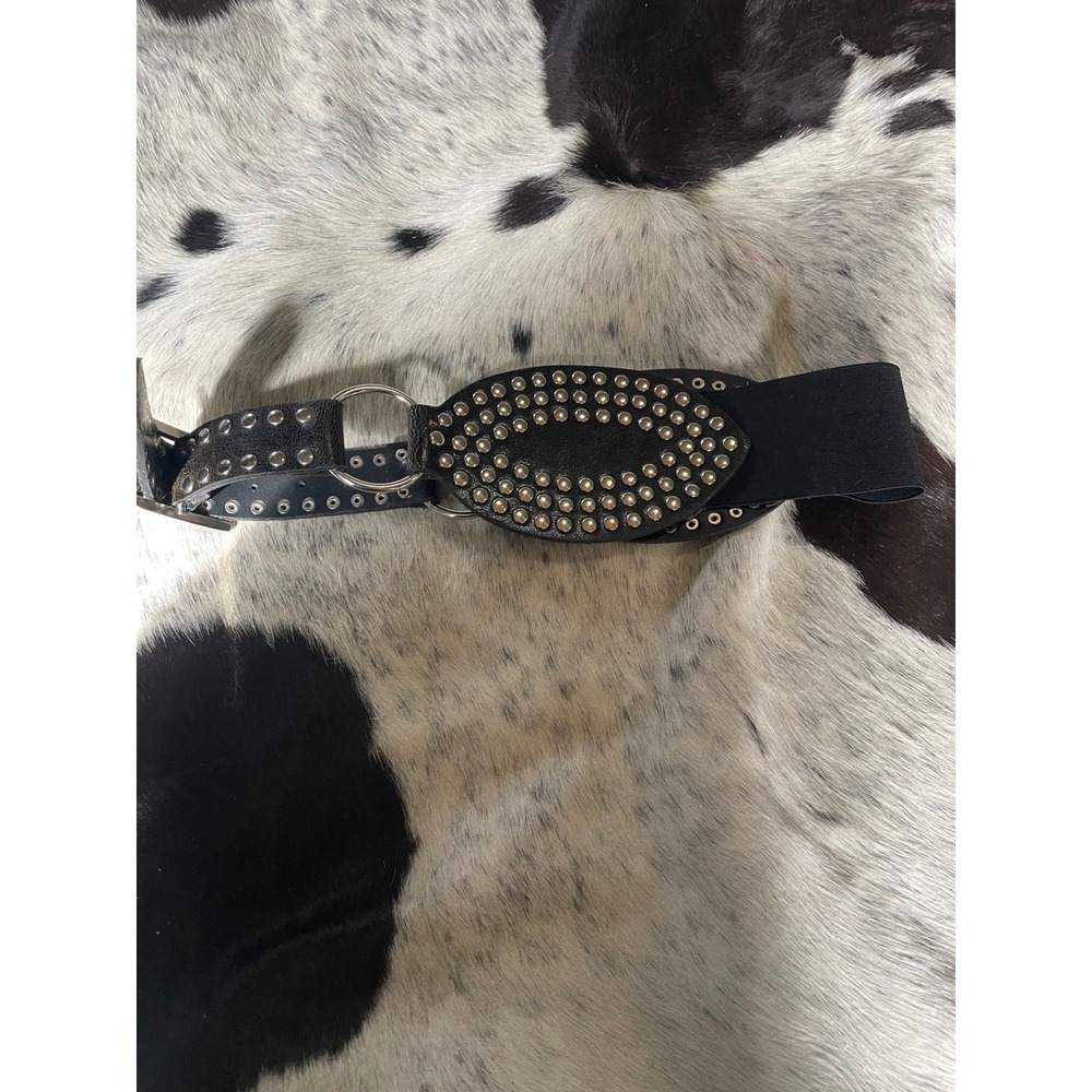 Black Studded Elastic Wide Fashion Belt Oval‎ Buckle Silver Ring Punk Rock